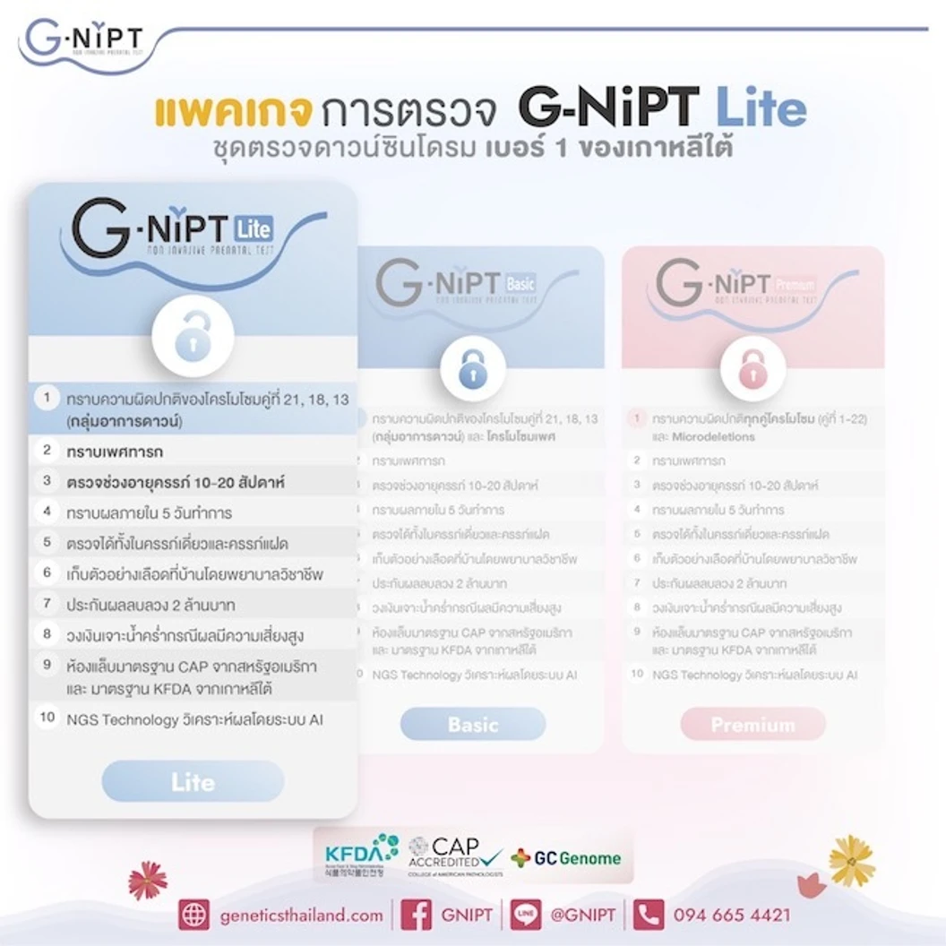 ตรวจดาวน์ซินโดรมพร้อมทราบเพศลูก G-NIPT Lite เจาะเลือดตรวจคัดกรองความผิดปกติโครโมโซมคู่ที่ 21, 18, 13 ที่คลินิกสูตินรีเวชพร้อมพบแพทย์