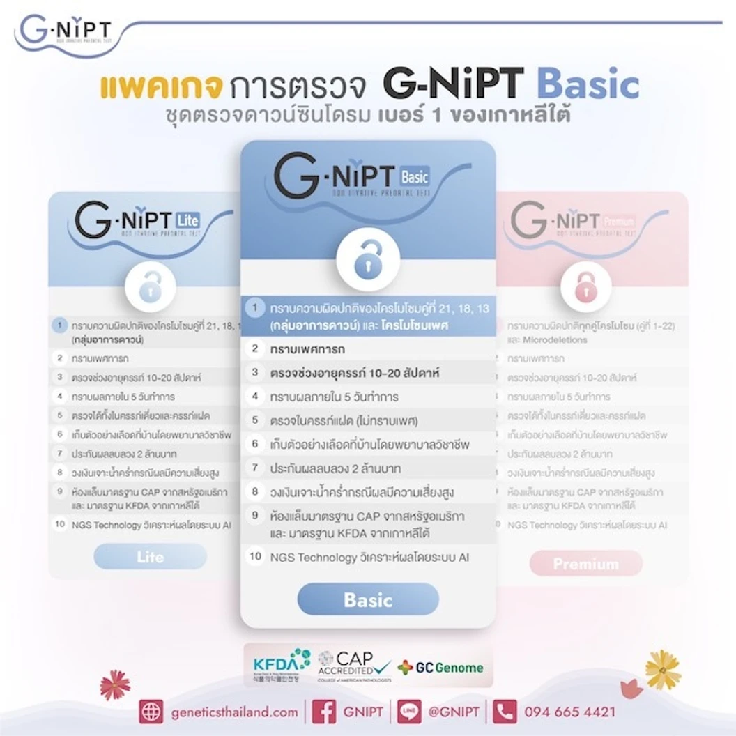 ตรวจดาวน์ซินโดรมพร้อมทราบเพศลูก G-NIPT Basic ตรวจความผิดปกติโครโมโซมคู่ที่ 21, 18, 13 และโครโมโซมเพศ (XO, XXY, XXX) ที่คลินิกสูตินรีเวชพร้อมพบแพทย์