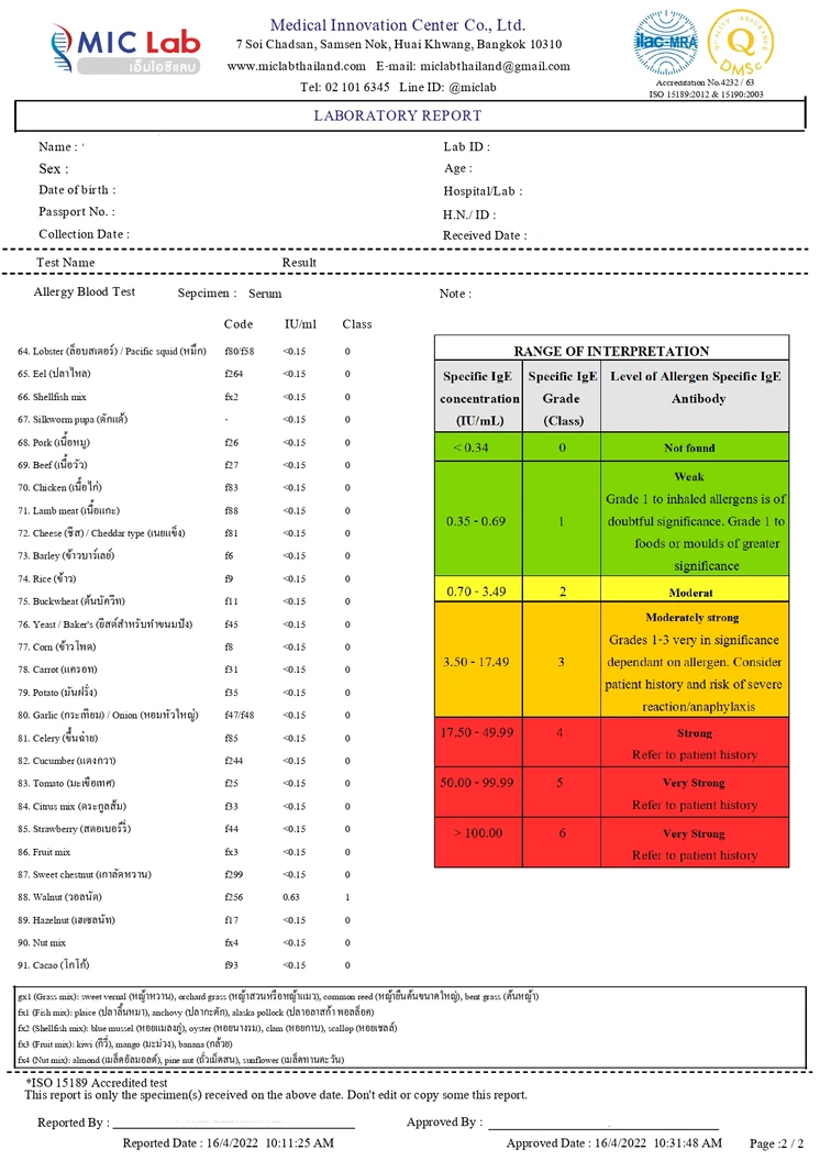 ตรวจหาสารก่อภูมิแพ้อาหารและสิ่งแวดล้อม 107 ชนิด (IgE Test) ด้วยวิธีเจาะเลือด