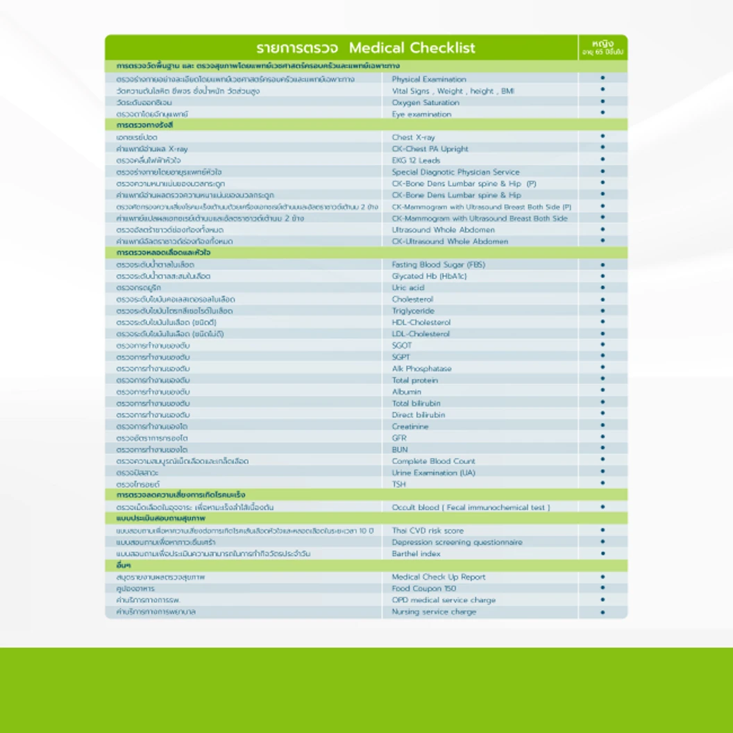 ตรวจสุขภาพ 32 รายการ โปรแกรม V65+Female สำหรับผู้หญิงอายุ 65 ปีขึ้นไป