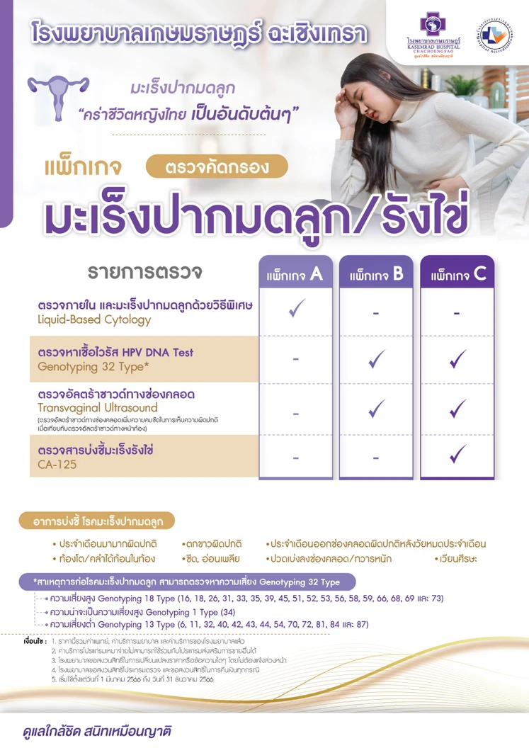 ตรวจคัดกรองมะเร็งปากมดลูกและรังไข่ (โปรแกรม B) ด้วยวิธีตรวจ HPV DNA และตรวจรังไข่และมดลูกด้วยการอัลตราซาวด์ทางช่องคลอด (TVS)