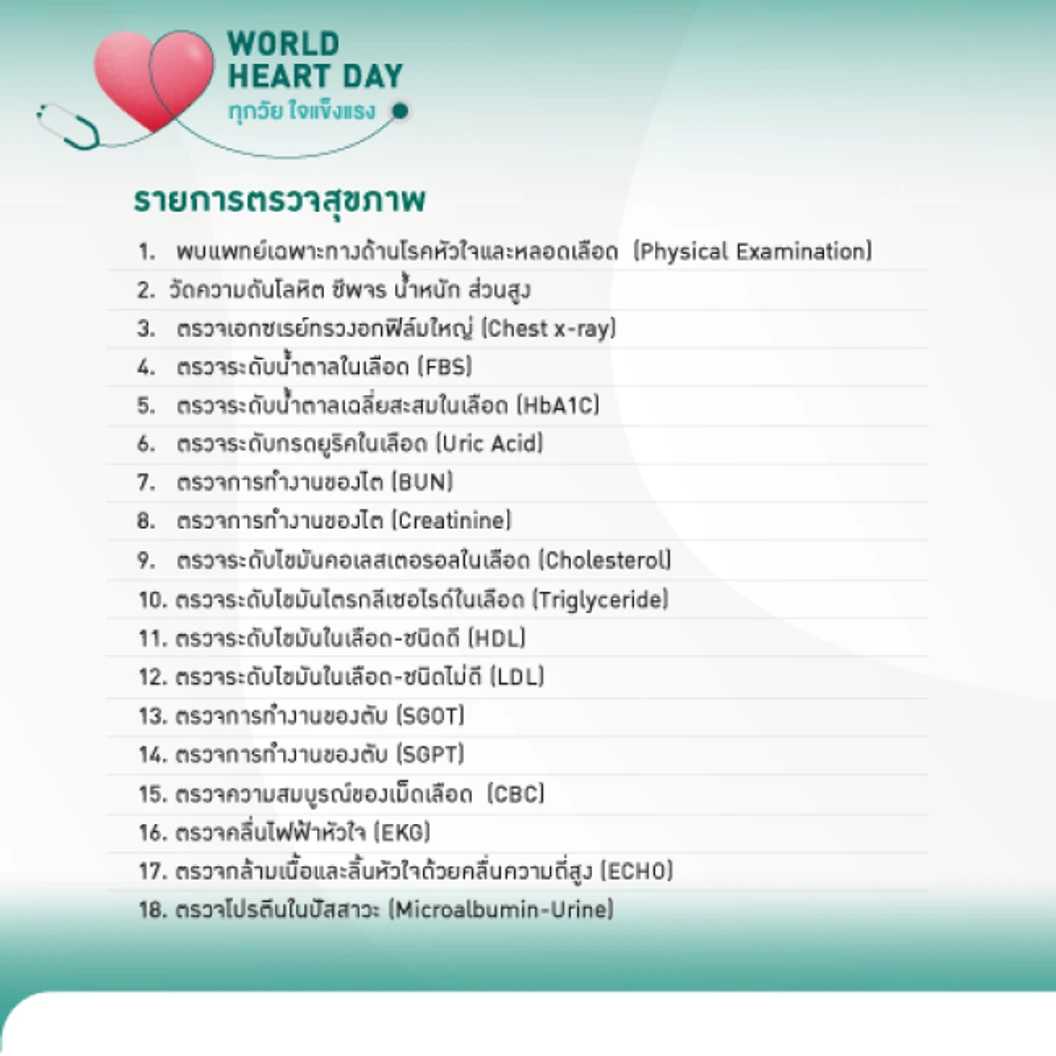 ตรวจคัดกรองความเสี่ยงโรคหัวใจ รวมตรวจหัวใจด้วยคลื่นเสียงสะท้อนความถี่สูง (ECHO) 18 รายการ ที่ โรงพยาบาลพญาไท นวมินทร์