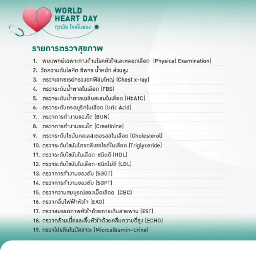 ตรวจคัดกรองความเสี่ยงโรคหัวใจ รวมตรวจสมรรถภาพหัวใจขณะออกกำลังกาย (EST) และตรวจหัวใจด้วยคลื่นเสียงสะท้อนความถี่สูง (ECHO) 19 รายการ ที่ โรงพยาบาลพญาไท นวมินทร์