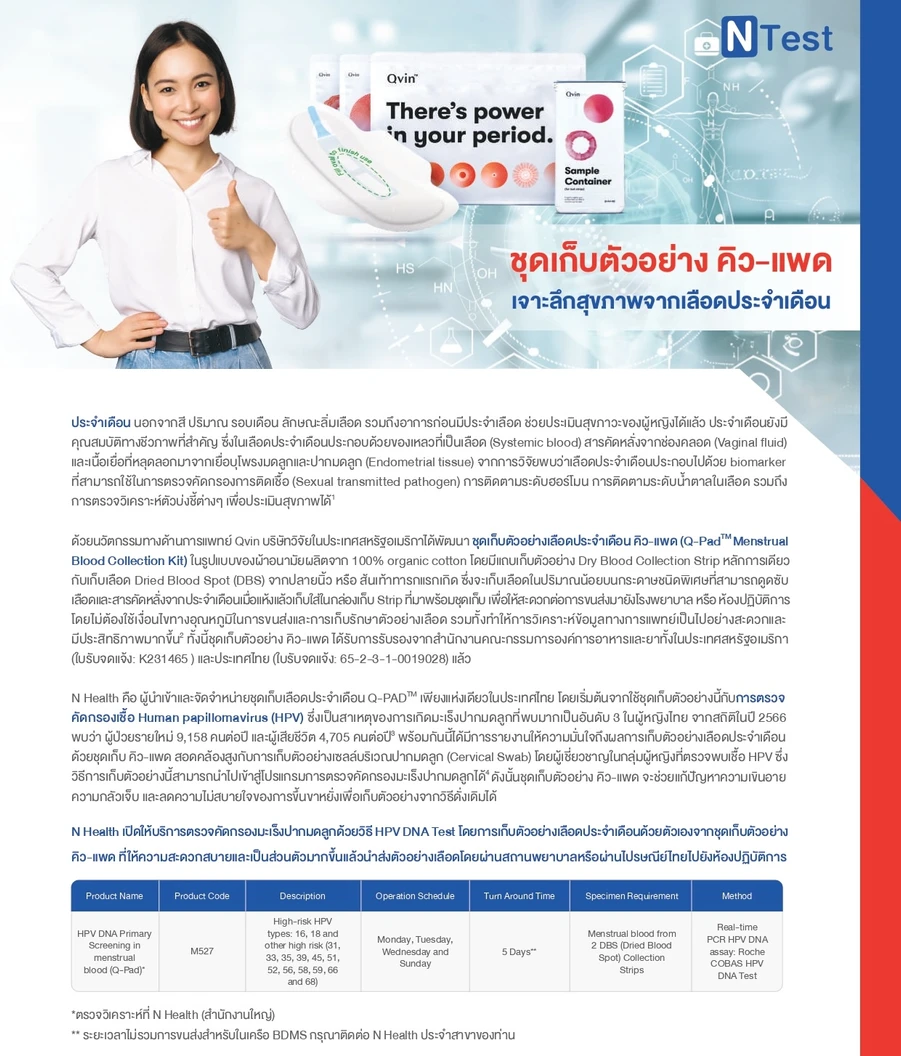 ชุดตรวจคัดกรองมะเร็งปากมดลูกจากเลือดประจำเดือน ด้วยตนเอง (HPV DNA in Menstrual Blood : Q-Pad)
