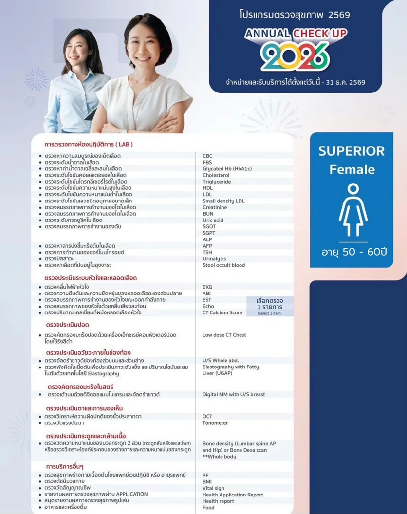 ตรวจสุขภาพประจำปี 2026 28 รายการ (โปรแกรม Superior) (ผู้หญิง 50-60 ปี)