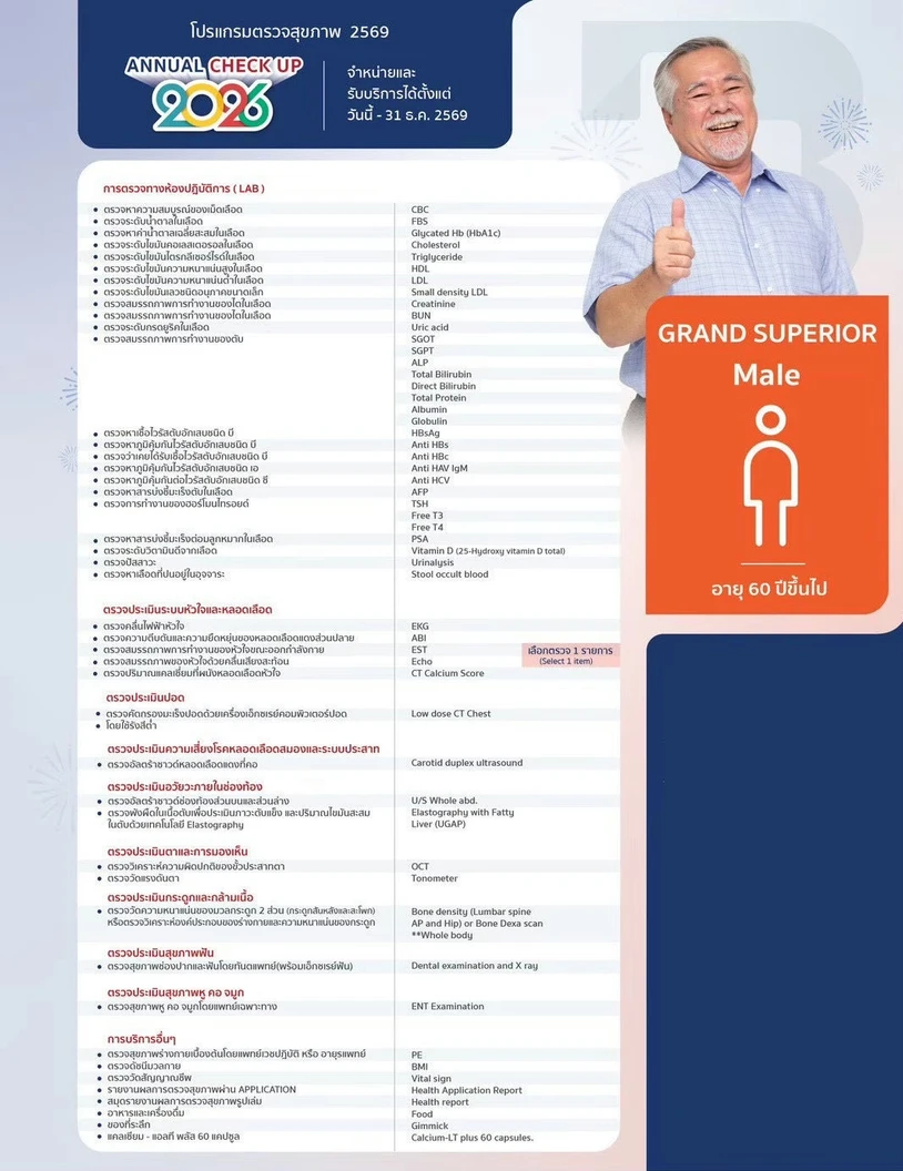 ตรวจสุขภาพประจำปี 2026 38 รายการ (โปรแกรม Grand Superior) (ผู้ชาย 60 ปีขึ้นไป)