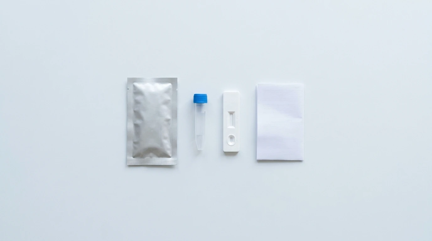 อุปกรณ์ในชุดตรวจ Fecal Immunochemical Test (FIT): ซองฟอยล์ หลอดเก็บตัวอย่าง ตลับตรวจ และคู่มือ